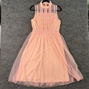 Pink Lace Tulle‎ Midi Dress Womens M Mock Neck Sleeveless Romantic Fairycore